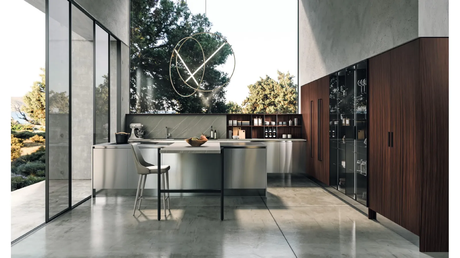 Cucina Design Volare in laccato metallizzato con isola e penisola di Aran