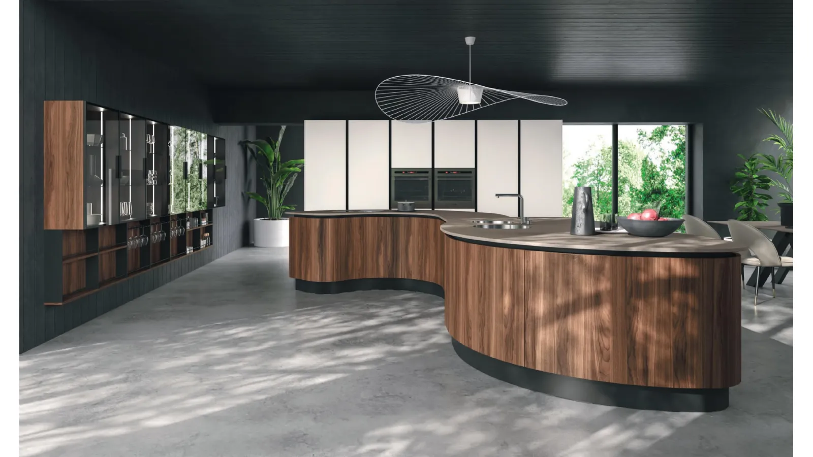 Cucina Design Volare con isola centrale dalle forme curvilinee in Legno di Aran