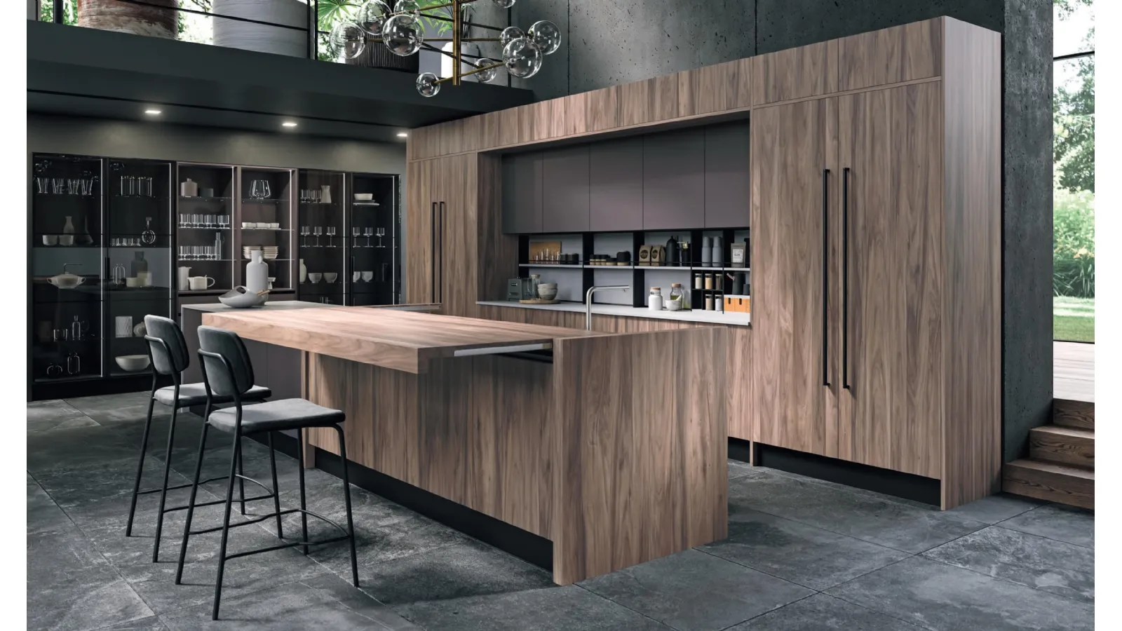 Cucina Design con isola Volare in Legno e Vetro di Aran