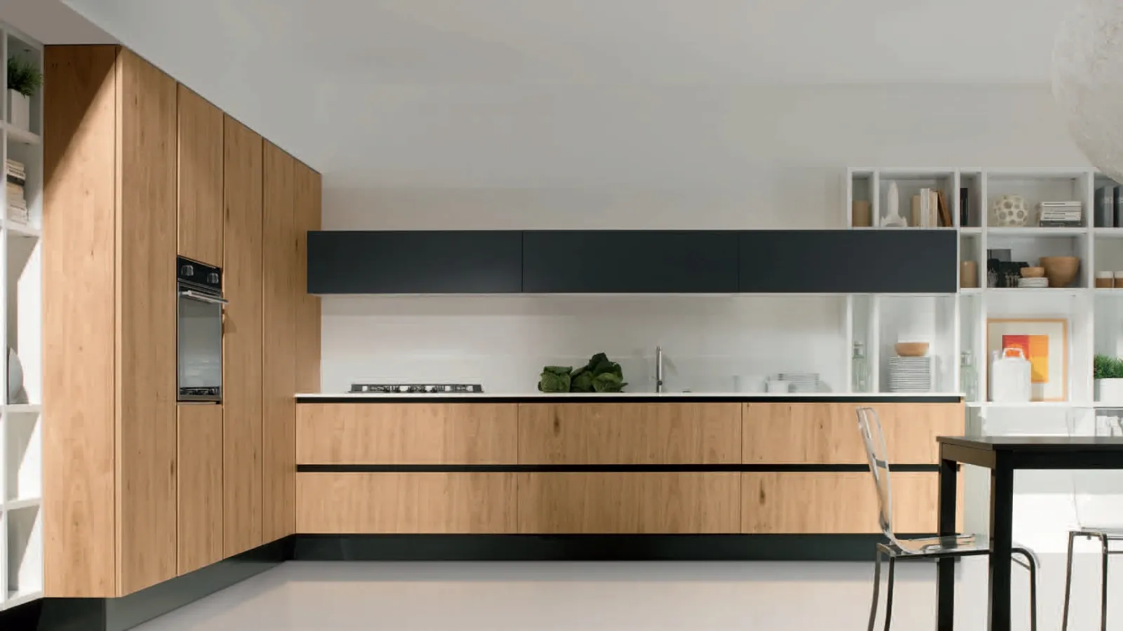 Cucina Design angolare Volare in Rovere naturale nodato e top Bianco di Aran