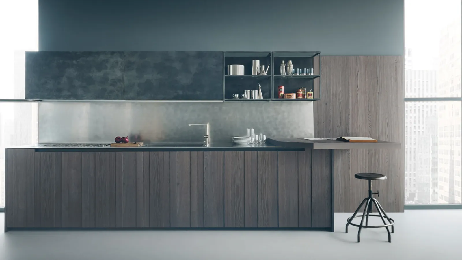 Cucina Design con penisola Fifty 03 in rovere e finitura Metal di Zampieri Cucine