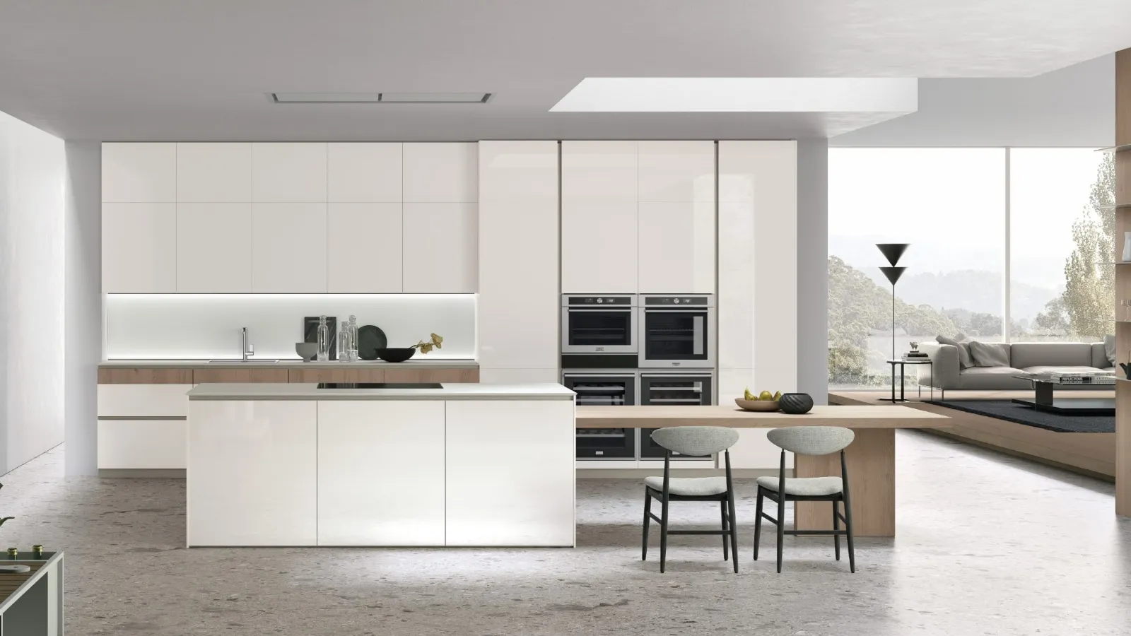 Cucina Moderna Aliant v02 in Vetro lucido Bianco Ice e Rovere Sahara con top in HPL Bianco di Stosa