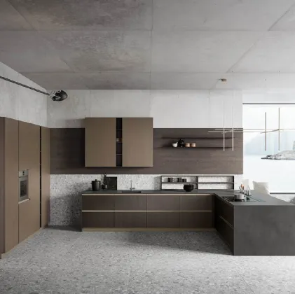 Cucina Moderna con penisola Anice 03 in Rovere Carbone, nobilitato Old Brass e Calce Nero di Valdesign