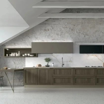 Cucina Moderna ad angolo con penisola City v02 in Termo Strutturato Rovere Liquirizia e Pet Caffè di Stosa