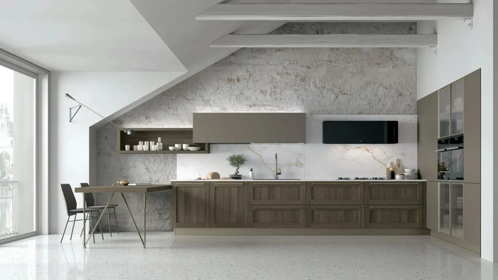 Cucina Moderna ad angolo con penisola City v02 in Termo Strutturato Rovere Liquirizia e Pet Caffè di Stosa