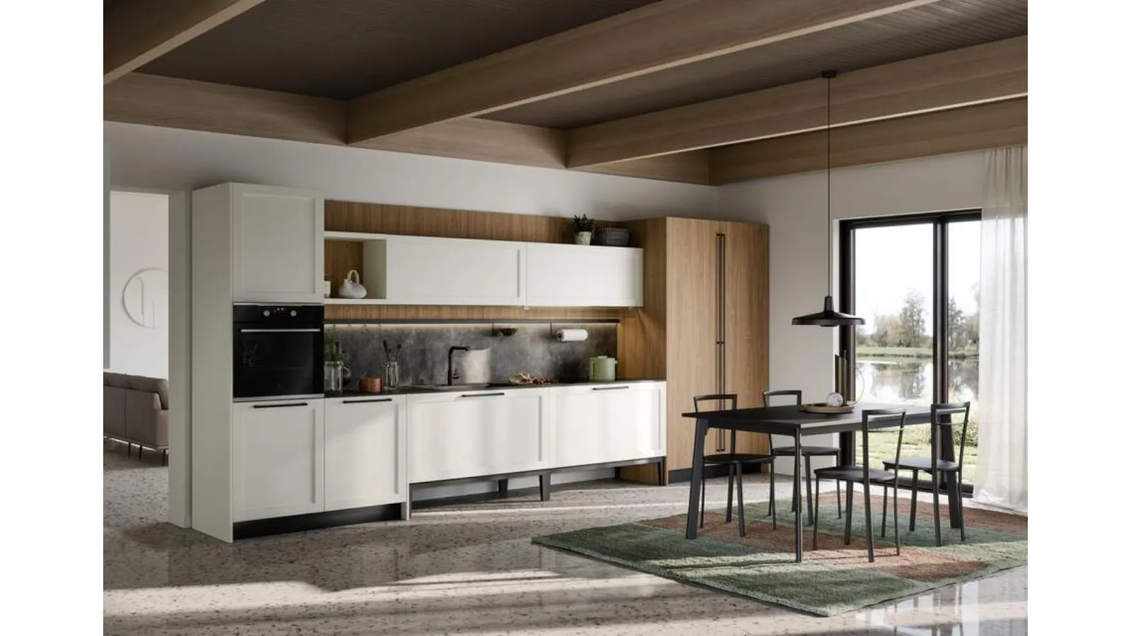 Cucina Moderna lineare Clio Composizione 05 in Pet bianco e laminato rovere di Prima Cucine