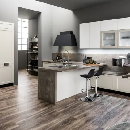 Cucina Moderna con penisola Dallas 04 in PET Cappuccino e Bianco di Arrex