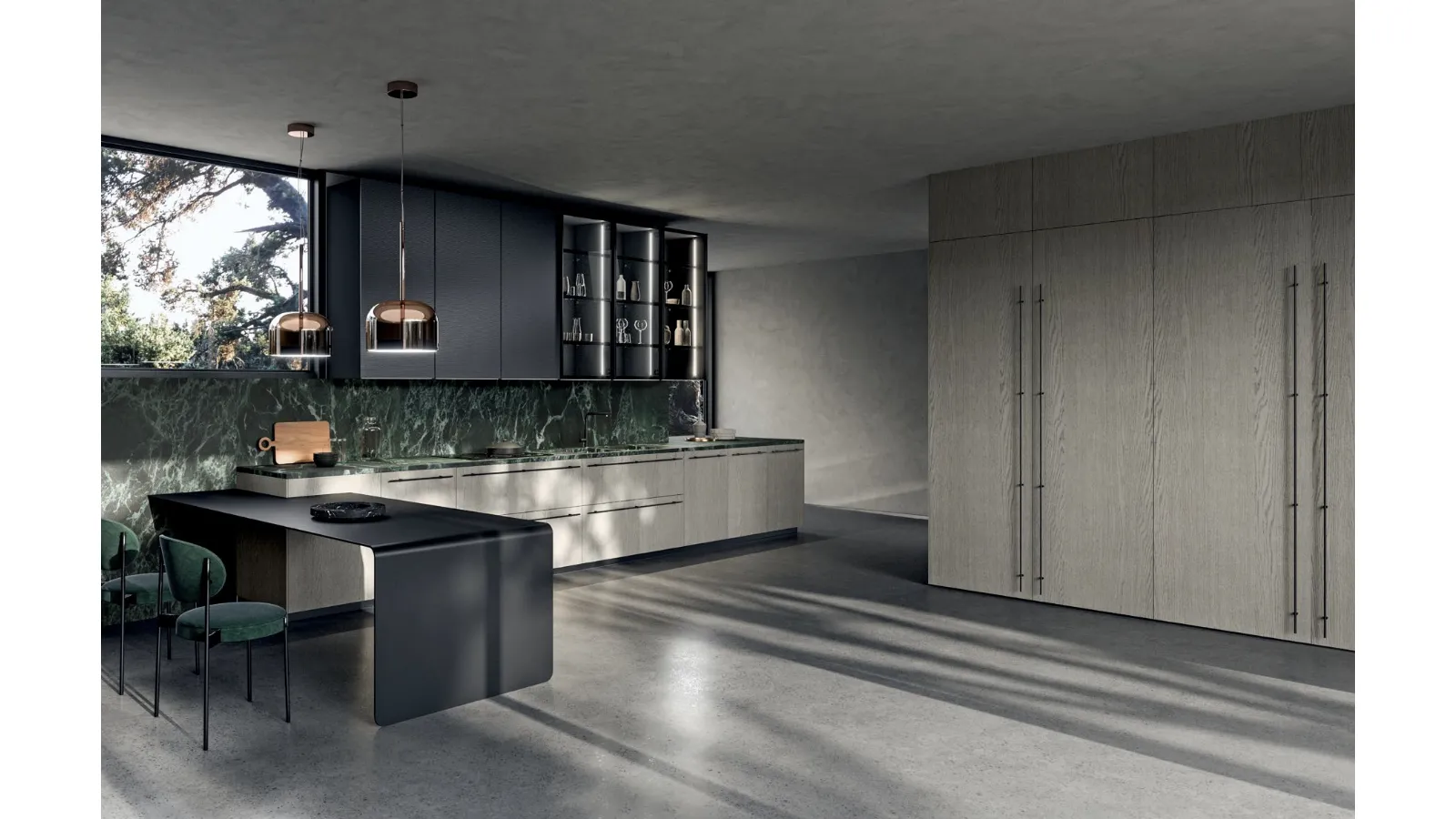 Cucina Moderna con penisola Filo 03 in Rovere polvere e laccato Nero con top in marmo Verde Alpi di Dibiesse