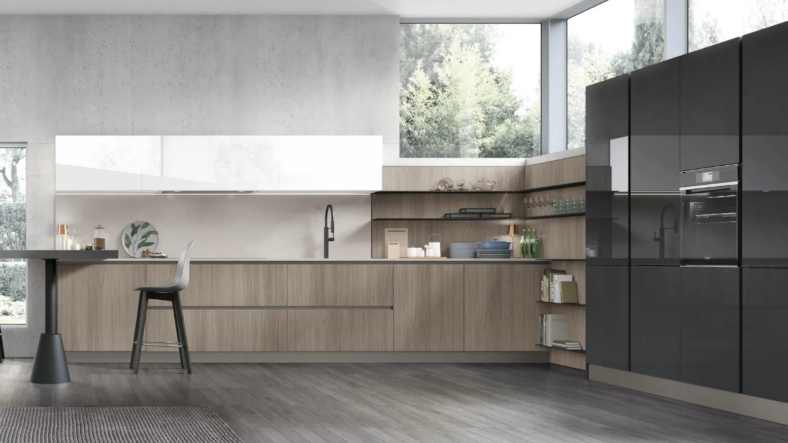 Cucina Moderna con penisola Infinity v06 in Termo Strutturato Rovere Sesamo di Stosa