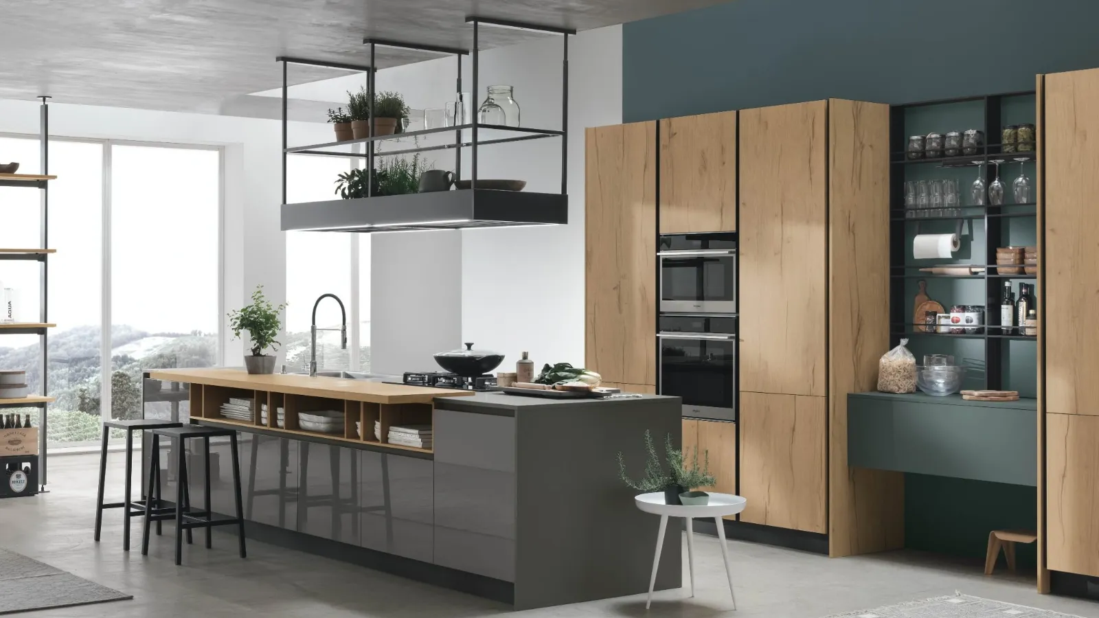 Cucina Moderna con isola Infinity v15 in laccato Ardesia lucido e Rovere Natura di Stosa