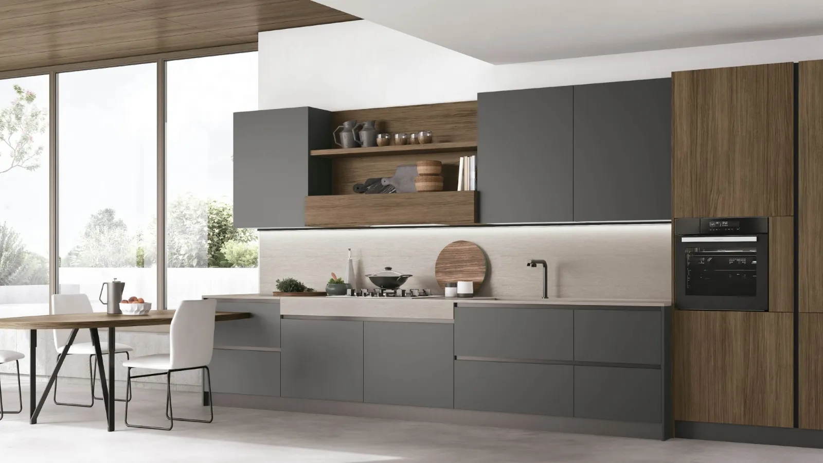 Cucina Moderna con penisola Infinity v02 in Pet canna di Fucile e Rovere Liquirizia di Stosa