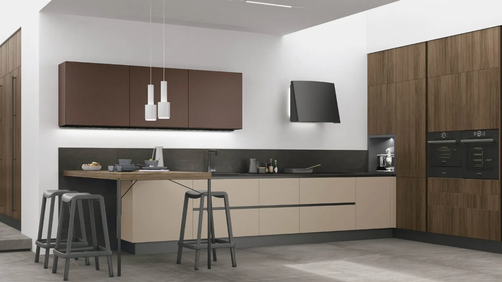 Cucina Moderna con penisola Infinity v04 in Pet e Rovere Liquirizia di Stosa