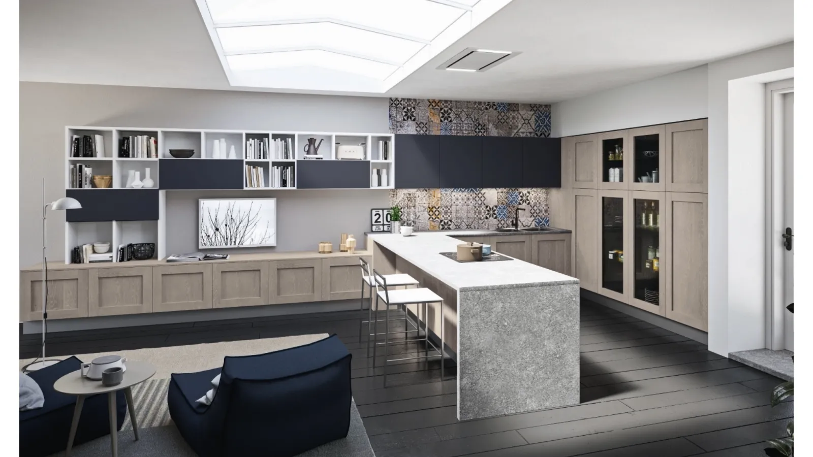 Cucina Moderna angolare con penisola Licia in legno di Rovere e Cemento di Aran