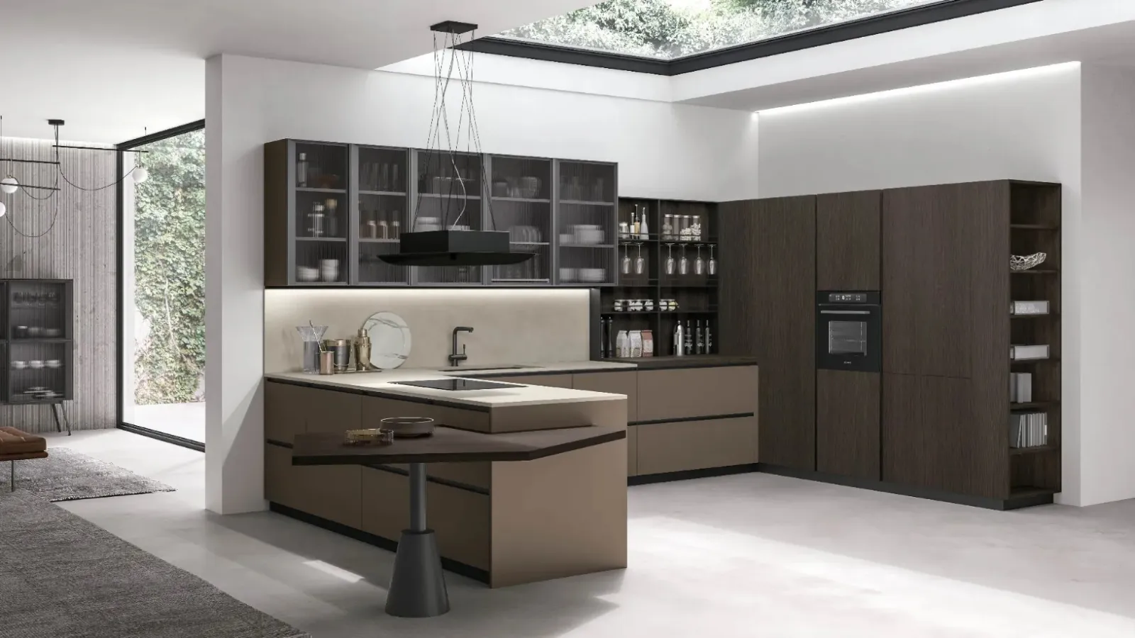 Cucina Moderna con penisola Metropolis v09 in Pet Caffè opaco e Rovere Conero di Stosa