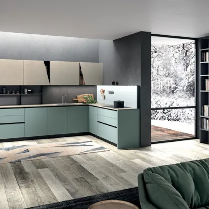 Cucina Moderna angolare Mia in LPL Verde Oliva e Argilla di Aran