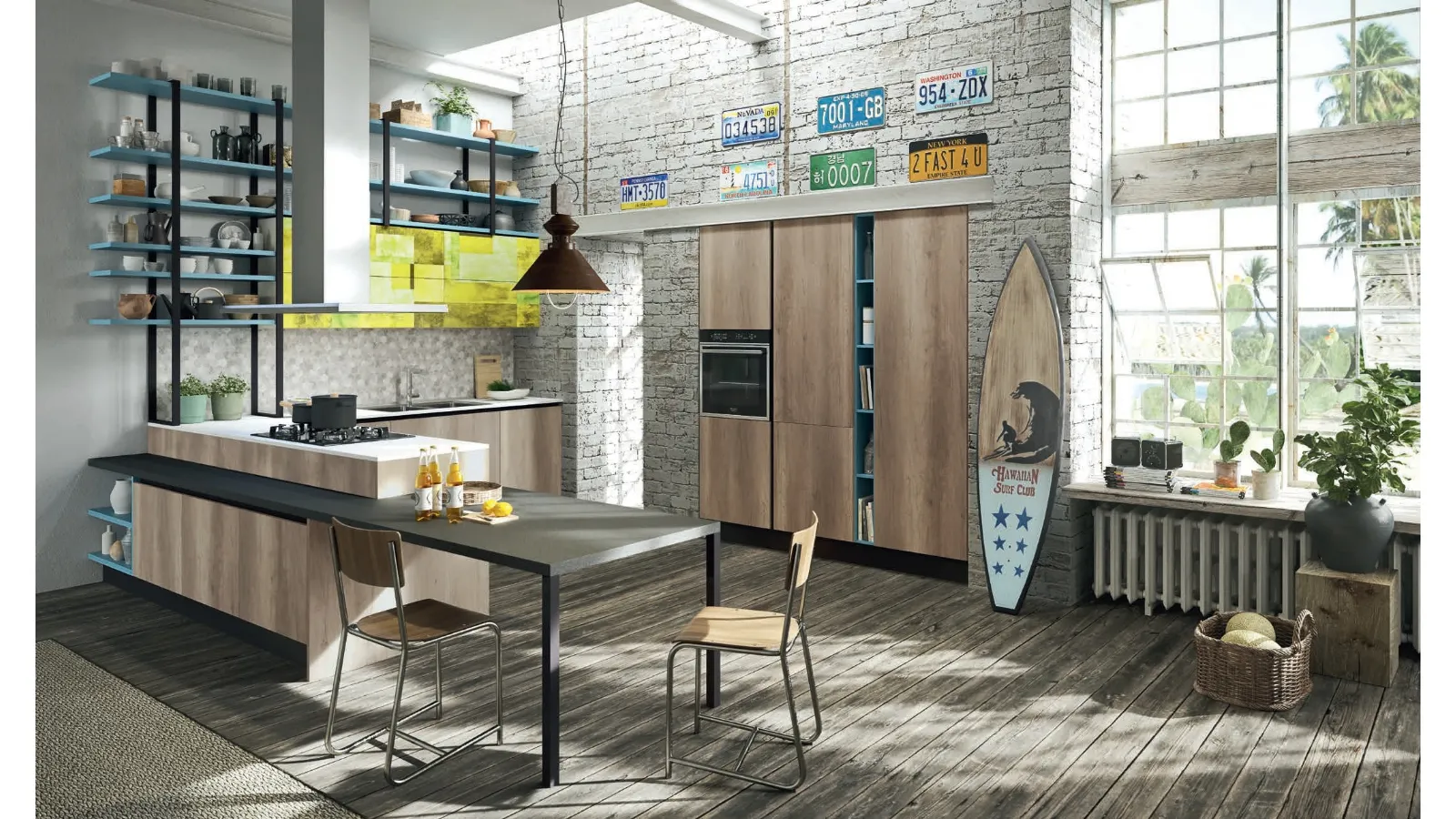 Cucina Moderna con penisola Mia in melaminico Rovere graffiato di Aran