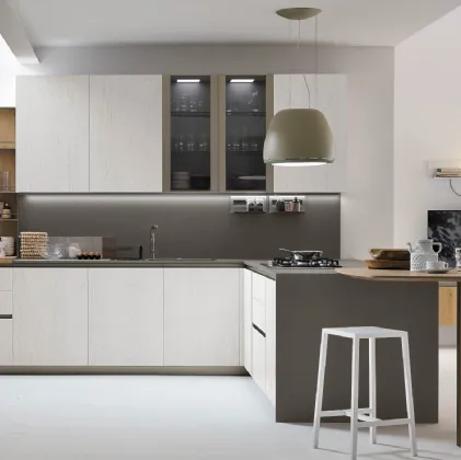 Cucina Moderna con penisola Natural v12 in Rovere Bianco e Rovere Miele di Stosa