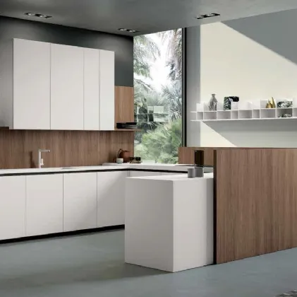 Cucina Moderna con penisola Smart 04 in laminato bianco e noce di Nova Cucina