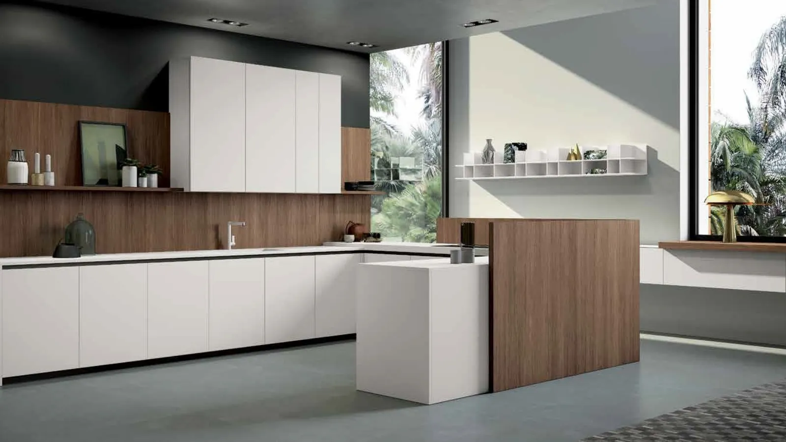 Cucina Moderna con penisola Smart 04 in laminato bianco e noce di Nova Cucina