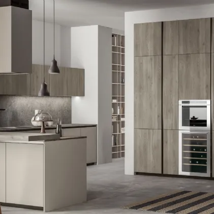 Cucina Moderna con penisola Smart 09 in laccato opaco e laminato legno nordico di Nova Cucina