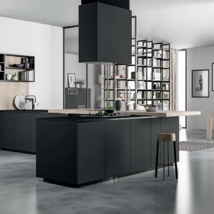 Cucina Moderna con penisola Smart 20 in laminato legno e laminato Fenix nero di Nova Cucina