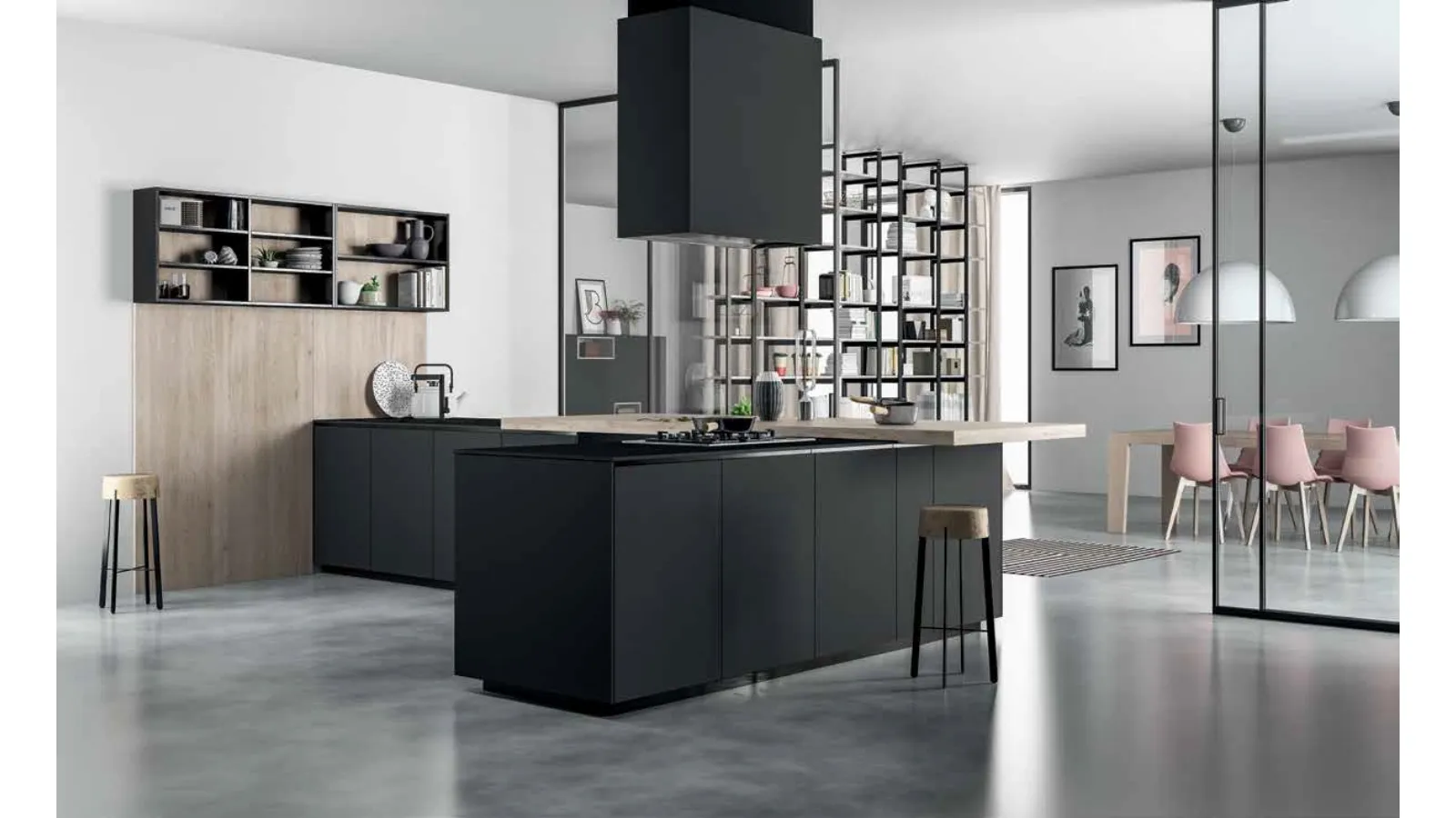 Cucina Moderna con penisola Smart 20 in laminato legno e laminato Fenix nero di Nova Cucina