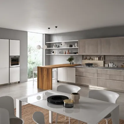 Cucina Moderna con penisola Vita Bella in Rovere Dust e laccato Bianco opaco di Aran