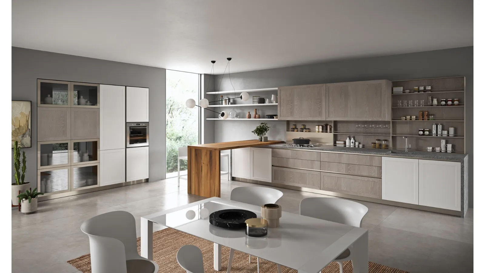 Cucina Moderna con penisola Vita Bella in Rovere Dust e laccato Bianco opaco di Aran