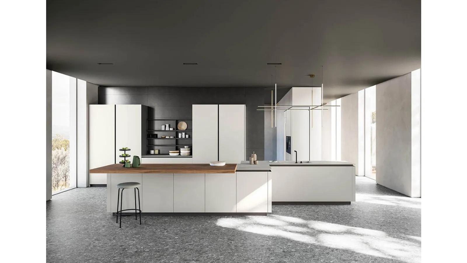 Cucina Moderna con isola finitura Fenix Grigio Efeso con piano tavolo in nobilitato Noce naturale Zafferano 05 di Valdesign