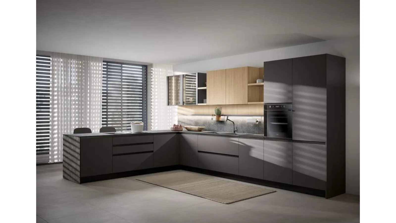 Cucina Moderna con penisola Zoe Composizione 02 in pet e melaminico rovere di Prima Cucine