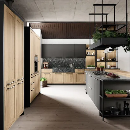 Cucina su misura con isola in laminato finitura legno rovere antico e laccato grigio opaco Medea di Miton