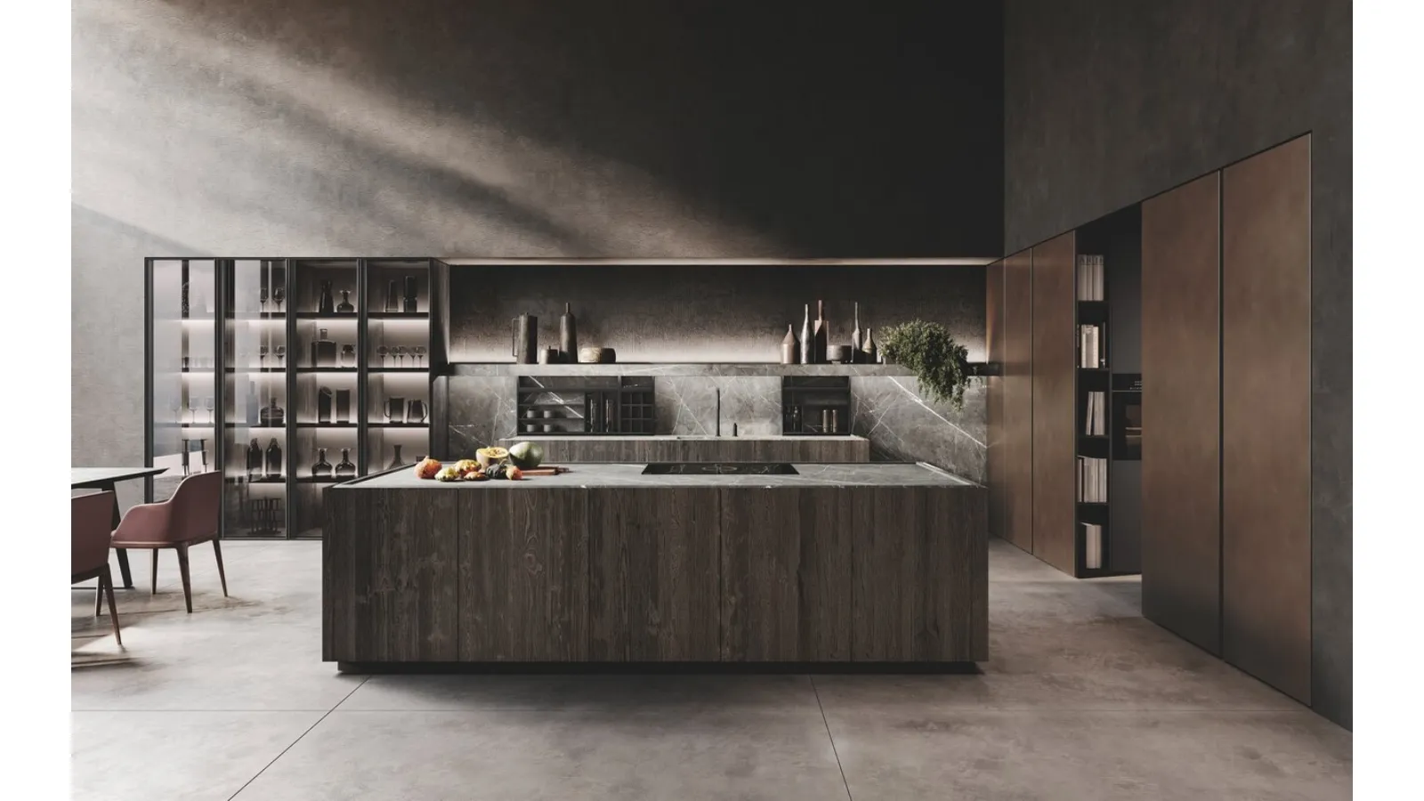 Cucina Design con isola in legno di Abete Nero e gres finitura marble grey e colonne in laccato metal Bluna Metal di Binova