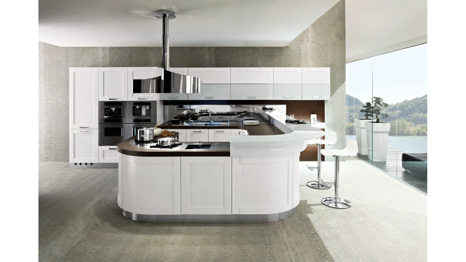 Cucina Moderna in legno laccato opaco con penisola curva Signoressa di Ar-Tre